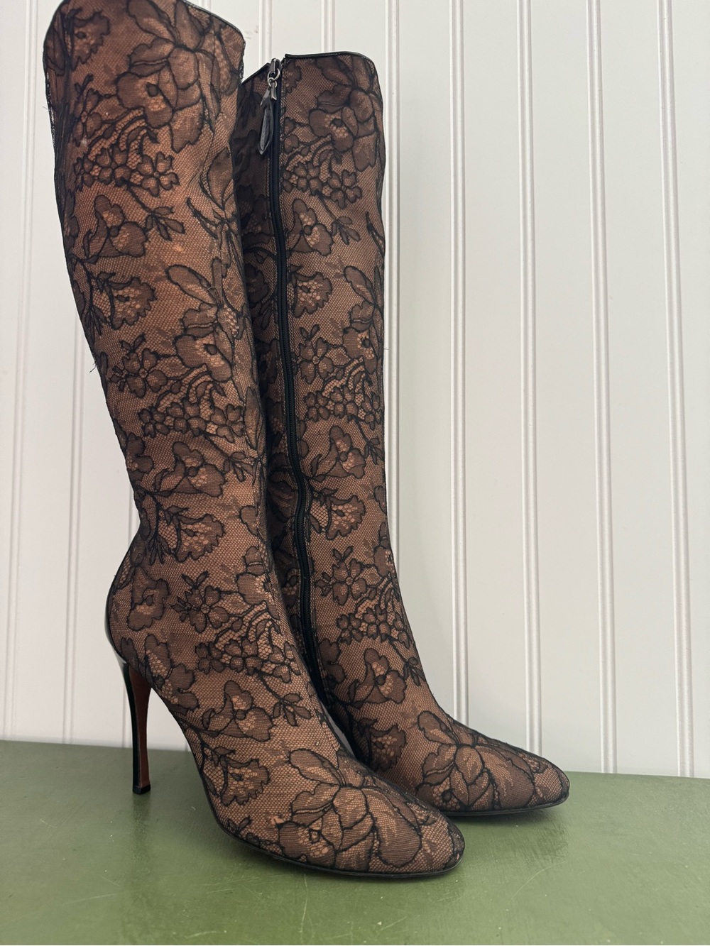 Azzedine Alaia Knee High Boots in Neutral with Black Floral Lace Overlay *Italy*